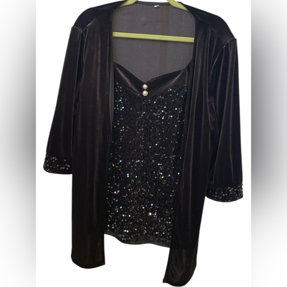 Tops - Velvet black layered top with pearls & sparkle accents